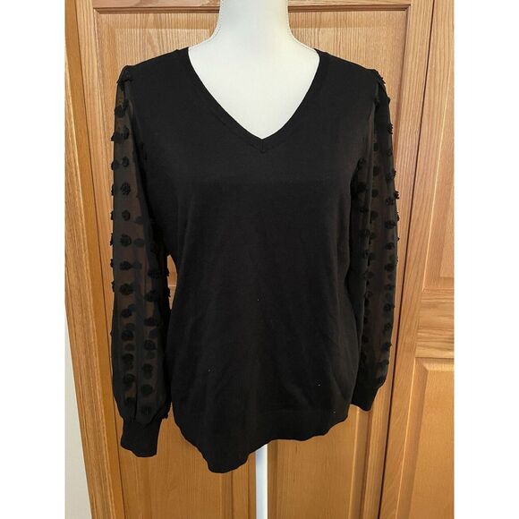 Adrianna Papell Women's V Neck Woven Bubble‎ Polka Dot Sleeve Black Sweater Sz S - Picture 1 of 12